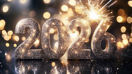 Sparkling year two thousand twenty six with bokeh lights and a lit sparkler for celebration mood