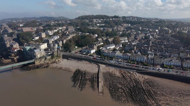 Drone shot of Clevedon Beach and Town, Somerset, England
