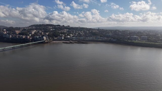 Drone shot of Clevedon Beach and Town, Somerset, England