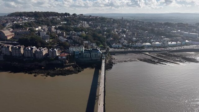 Drone shot of Clevedon Beach and Town, Somerset, England