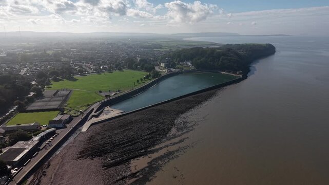 Drone shot of Clevedon Beach and Town, Somerset, England
