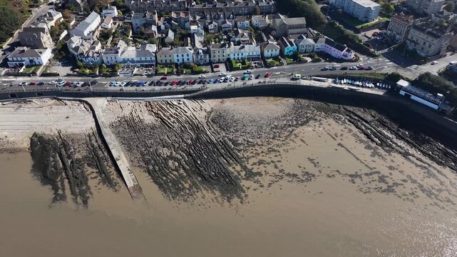 Drone shot of Clevedon Beach and Town, Somerset, England