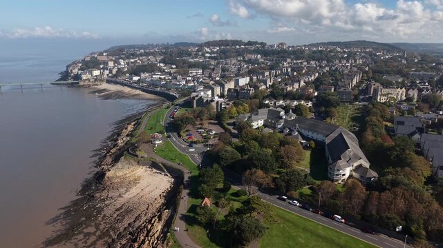 Drone shot of Clevedon Beach and Town, Somerset, England