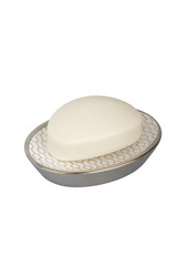 Minimalist Art Deco Soap Dish with Bar of Soap on White Background