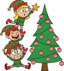 Cute, Christmas, elves, stacking, together, decorating, festive, Christmas, tree, with, ornaments, star, holiday, cartoon, illustration, winter, celebration, joyful, teamwork, scene