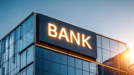 Obraz premium The bank building with illuminated sign represents financial services in the city.