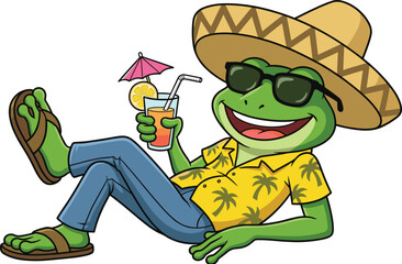 Relaxed frog enjoying summer vacation, cartoon tropical lifestyle character, fun holiday illustration, cheerful travel concept design art