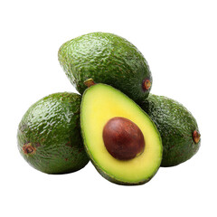 Group of whole green avocados and one cut in half revealing pit fruit, Cut Out, Isolated On White Background, Png Transparent