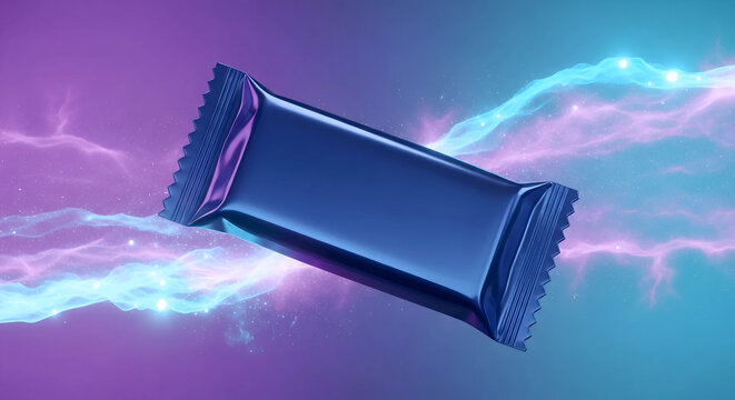 Blank blue metallic snack bar package mockup with abstract neon energy background