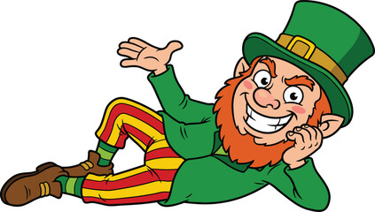 Happy leprechaun cartoon character relaxing, Saint Patrick day celebration illustration, Irish folklore mascot design, festive holiday concept