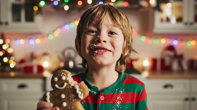 Boy eating gingerbread man cookie in festive kitchen. Child enjoying Christmas treat with holiday lights and decorations. Winter baking joy and family moment.