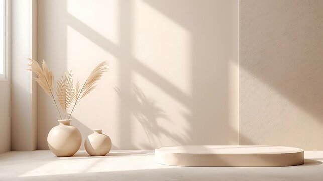 Minimalist window display with vase and pampas grass