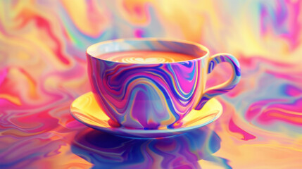 Colorful Psychedelic Coffee Cup with Abstract Swirl Background