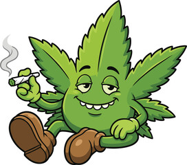 Funny, cartoon, cannabis, leaf, character, smoking, joint, relaxed, smiling, weed, illustration, mascot, chill, lifestyle, humor, playful, green, design, icon, concept