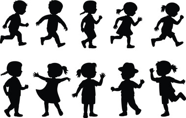 Children silhouettes, running, walking, dancing, waving, playful poses, black silhouette, movement, activity, hairstyle, clothing, energy, childhood, expression