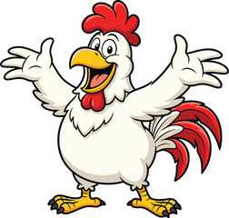 Cute, cartoon, chicken, smiling, with, open, wings, happy, farm, bird, character, illustration, funny, animal, mascot, cheerful, kids, design, friendly, concept