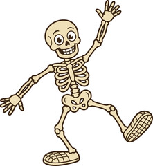 Funny, cartoon, skeleton, dancing, waving, character, Halloween, illustration, cute, spooky, smiling, bone, mascot, playful, holiday, design, cheerful, animation, style, concept