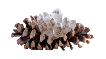 Pine cone hosting delicate quartz crystal natural texture harmony botanical still life concept isolated on white background
