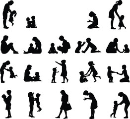 Adult child silhouettes, caregiving, teaching, comforting, bonding, nurturing, emotional support, parenting, development, interaction, love, guidance, family connection, growth