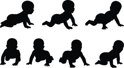 Crawling baby silhouette, infant movement, side view, front view, crawling pose, black vector, white background, isolated illustration, child posture, gesture