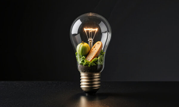 6 u 4. Groceries In Lightbulb. A classic, clear glass lightbulb is shown, but the filament inside has been replaced by