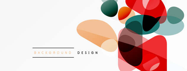 Abstract colorful shapes overlap, creating modern design. Soft pastel tones dominate composition, with text elements below.