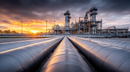 An oil refinery at sunset, with pipelines leading into the industrial plant.