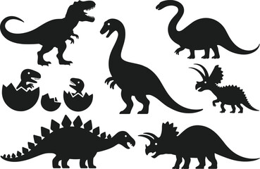 Dinosaur silhouette, T-Rex, Triceratops, Stegosaurus, Brachiosaurus, hatching egg, cartoon style, black vector, white background, isolated illustration, prehistoric © Creative Asif
