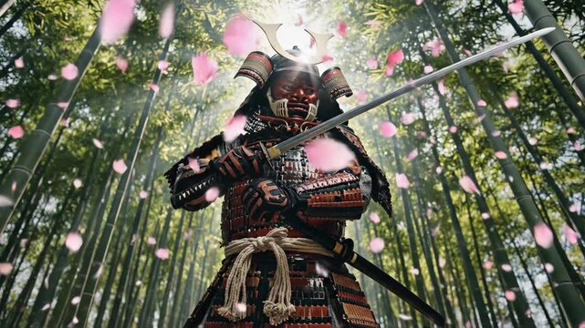 Samurai warrior standing in bamboo forest with falling cherry blossoms. Traditional Japanese armor and katana sword in hand. Cinematic low-angle tracking shot evoking honor and zen nature concept.