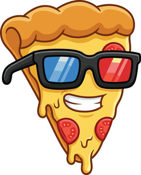 Naklejki Funny pizza slice cartoon character wearing 3d glasses, cheesy food mascot illustration, cool fast food concept art