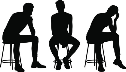 Thinking men silhouette set, seated male poses on stools, emotional body language concepts, black isolated human figures, minimal white background © Creative Asif