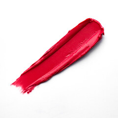 Smear and texture of lipstick or acrylic paint isolated on white background. Stroke of lip-gloss swatch smudge sample. Element for beauty cosmetic design. Red color
