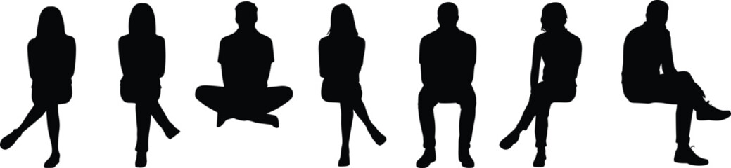 Sitting people silhouette row, male and female seated poses, relaxed human figures, black isolated shapes, minimal style, white background