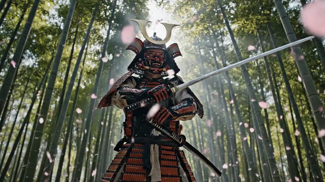 Samurai warrior in traditional armor standing amid cherry blossoms and bamboo forest. Low angle cinematic tracking shot of ancient Japanese fighter holding sword for historical battle concept.