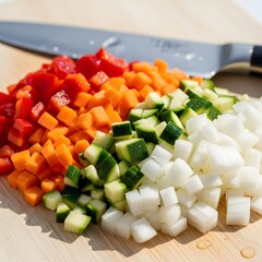 Freshly chopped vegetables including bell peppers, carrots, zucchini, and onion on a wooden cutting board with a knife.