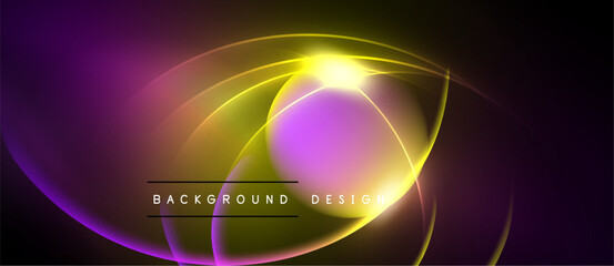 Abstract design features vibrant purple, yellow glows. Circular shapes intersect creating dynamic visual effect. Dark background emphasizes luminosity.