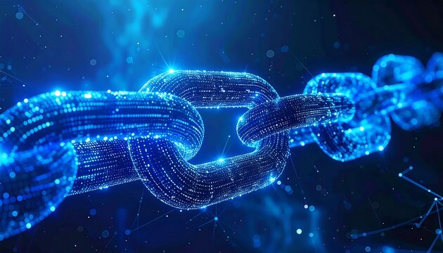 Illuminated digital chain illustration on a dark blue background - Powered by Adobe
