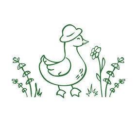 Outline cartoon illustration of a duck in the grass