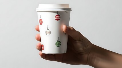 Hand holding coffee cup mockup with Christmas ornaments design.