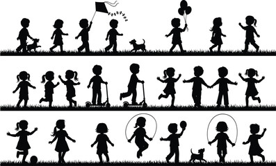 Black children silhouettes playing various outdoor games, including flying kite, riding scooter, jumping rope, walking, and running on green grass with dogs and balloons, happy childhood concept.