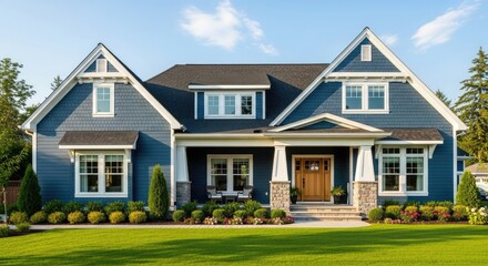 Modern blue suburban house with white trim and a lush green lawn on a sunny day representing comfortable homeownership and residential living