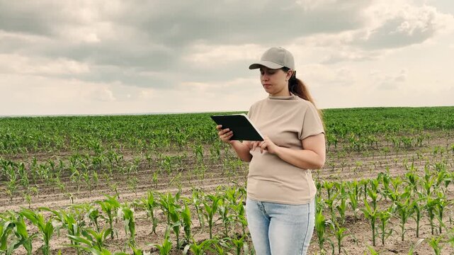 agriculture, farmer working corn field digital tablet, Young woman using a tablet in corn field, Female farmer with digital tablet, Modern agriculture technology, Woman managing farm crops, Agronomist