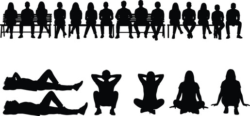 Black Silhouette Set of People Sitting on a Bench, Lying Down, and Meditating in Various Relaxed Poses for Park, Social Gathering, and Public Space Design