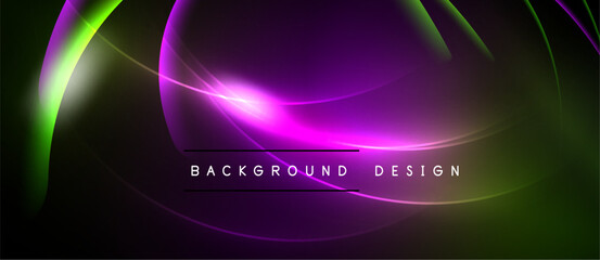 Abstract design features vibrant purple, green hues. Curved lines create dynamic light effect. Text reads background design. Modern, sleek presentation.