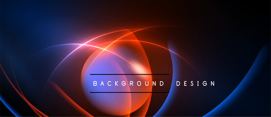 Abstract design features vibrant blue, red glows. Circular shapes intersect creating dynamic visual effect. Dark background enhances luminosity.