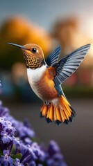 Obraz premium Vibrant hummingbird in flight with purple flowers background