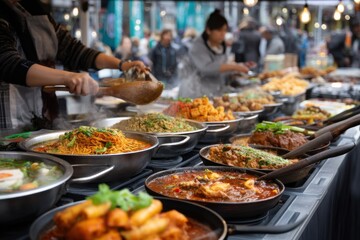 Obraz premium Diverse street market featuring international dishes urban center food photography vibrant environment close-up view culinary culture