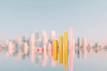 Colorful pastel 3D bar chart reflecting on glossy surface, symbolizing growth, innovation, business progress, and positive finance concept.