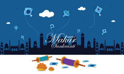 Happy Makar Sankranti flying kites' background.