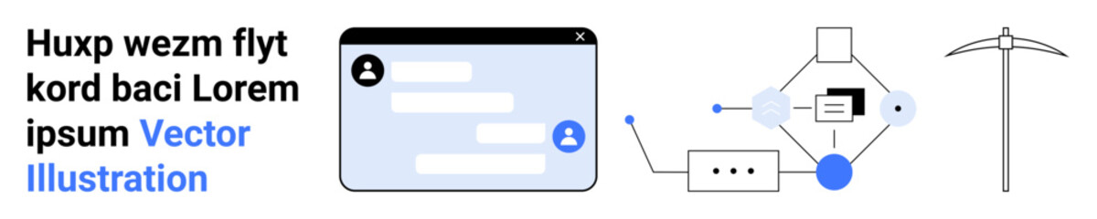 Fototapeta premium Technology, communication tools, workflow processes, data mining, digital connections, user interface. Messaging screen, data flow and pickaxe graphic. Technology and communication tools concept